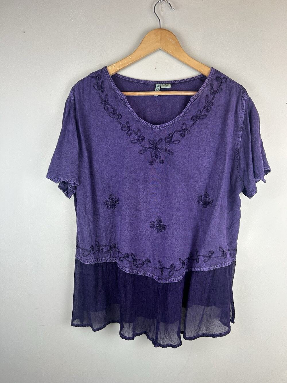 VTG Kaaku Hippie Boho Embroidered Mineral Wash Tie Back Purple Top Sz 2X Hippie